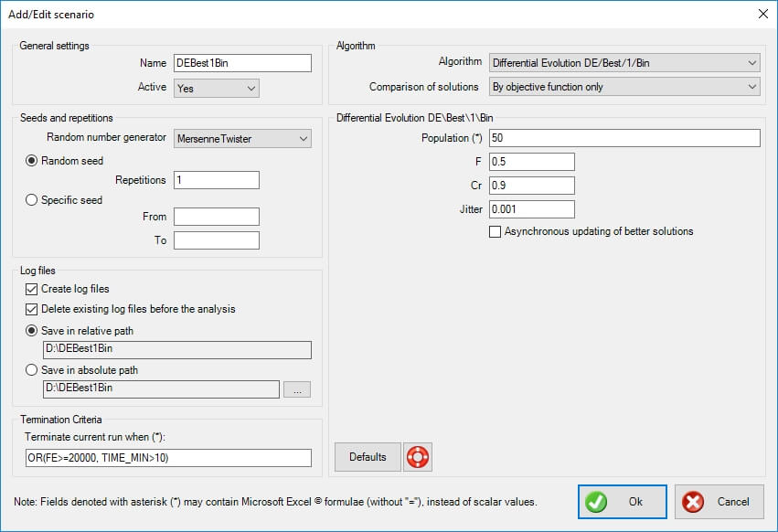 differential evolution de/best/1/bin xloptimizer options step 1