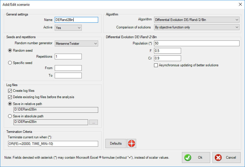 differential evolution de/rand/2/bin xloptimizer options step 1