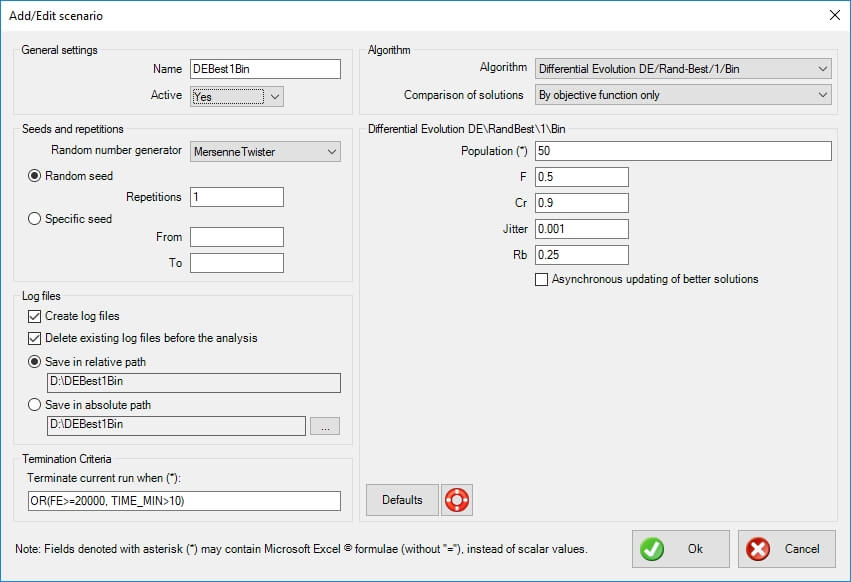 differential evolutions de/rand-best/1/bin xloptimizer options step 1