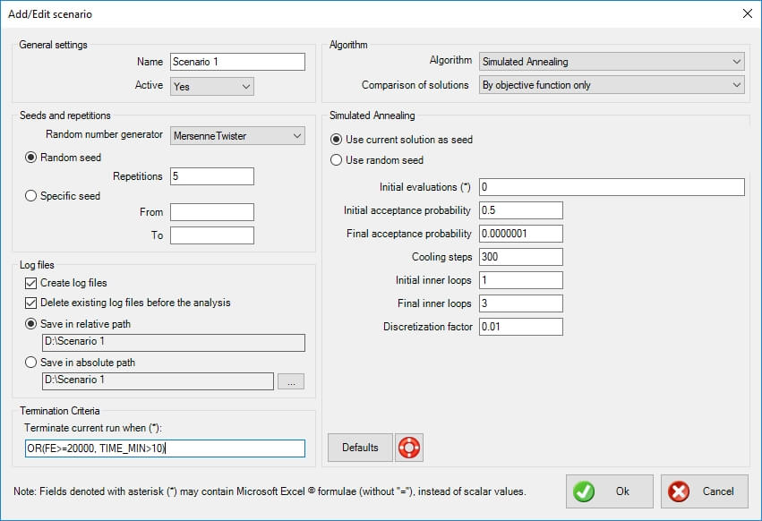 Simulated Annealing xloptimizer options step 1