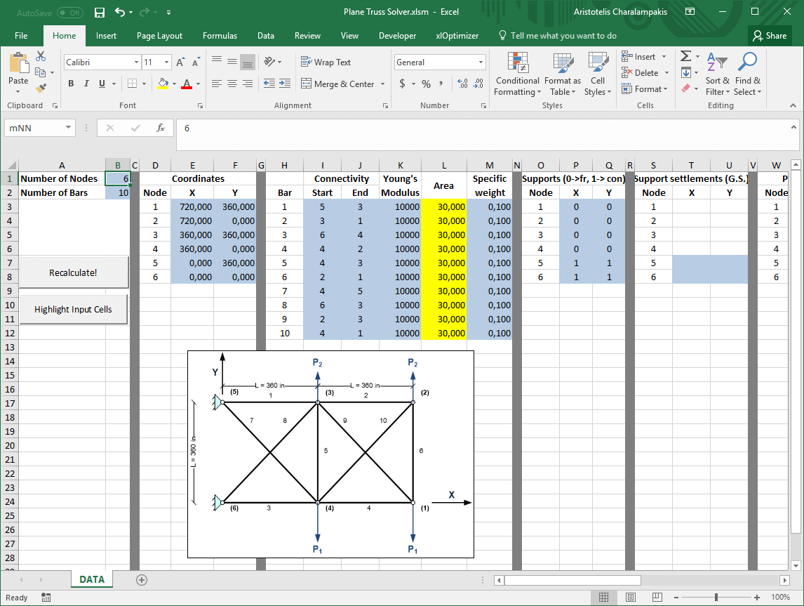 Initial Microsoft Excel window with 10-bar truss