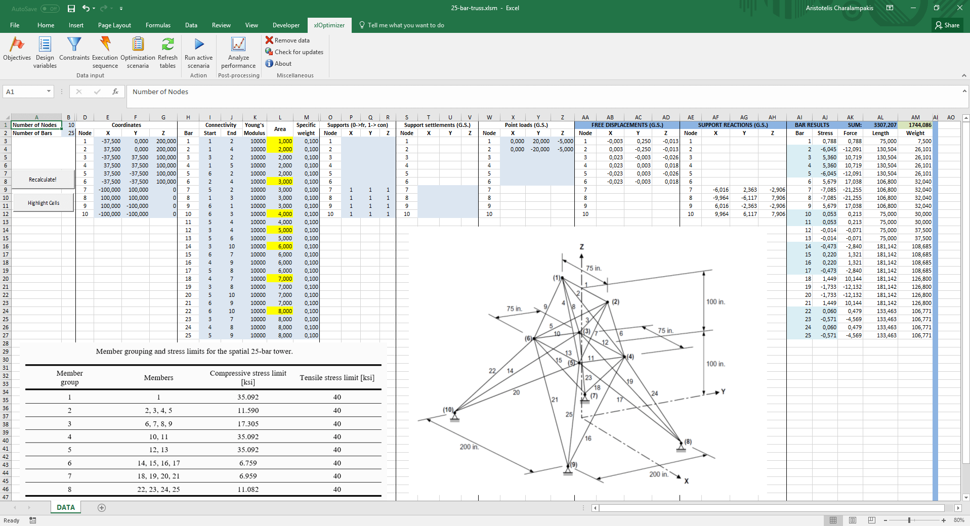 Initial Microsoft Excel window with 25-bar truss