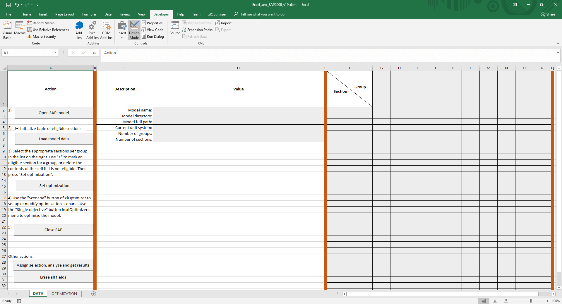 Spreadsheet for linking Microsoft Excel and SAP2000