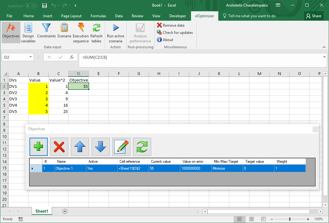 Microsoft Excel Sphere Function spreadsheet with xlOptimizer #1