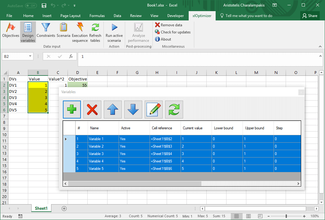 Microsoft Excel Sphere Function spreadsheet with xlOptimizer #2