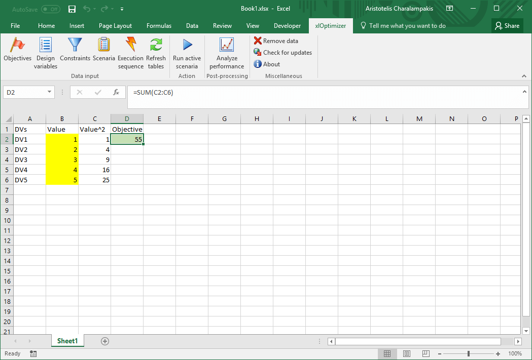 Initial Microsoft Excel window with sphere function