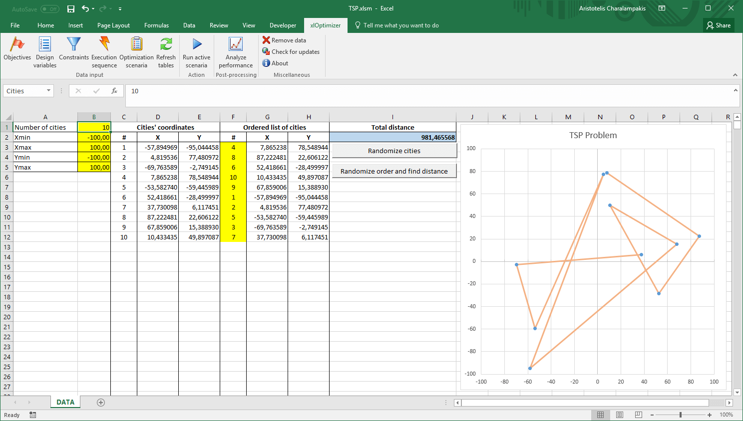 Initial Microsoft Excel window with TSP